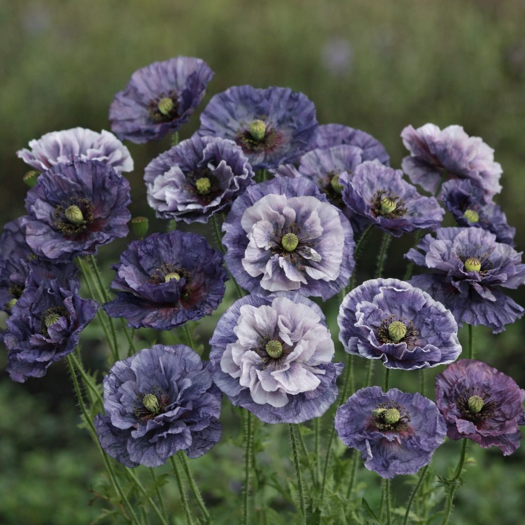 poppy Amazing Grey growing in a garden border